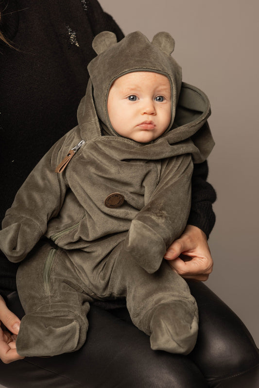 Khaki Green Velvet Baby Overall with Merino Wool Lining