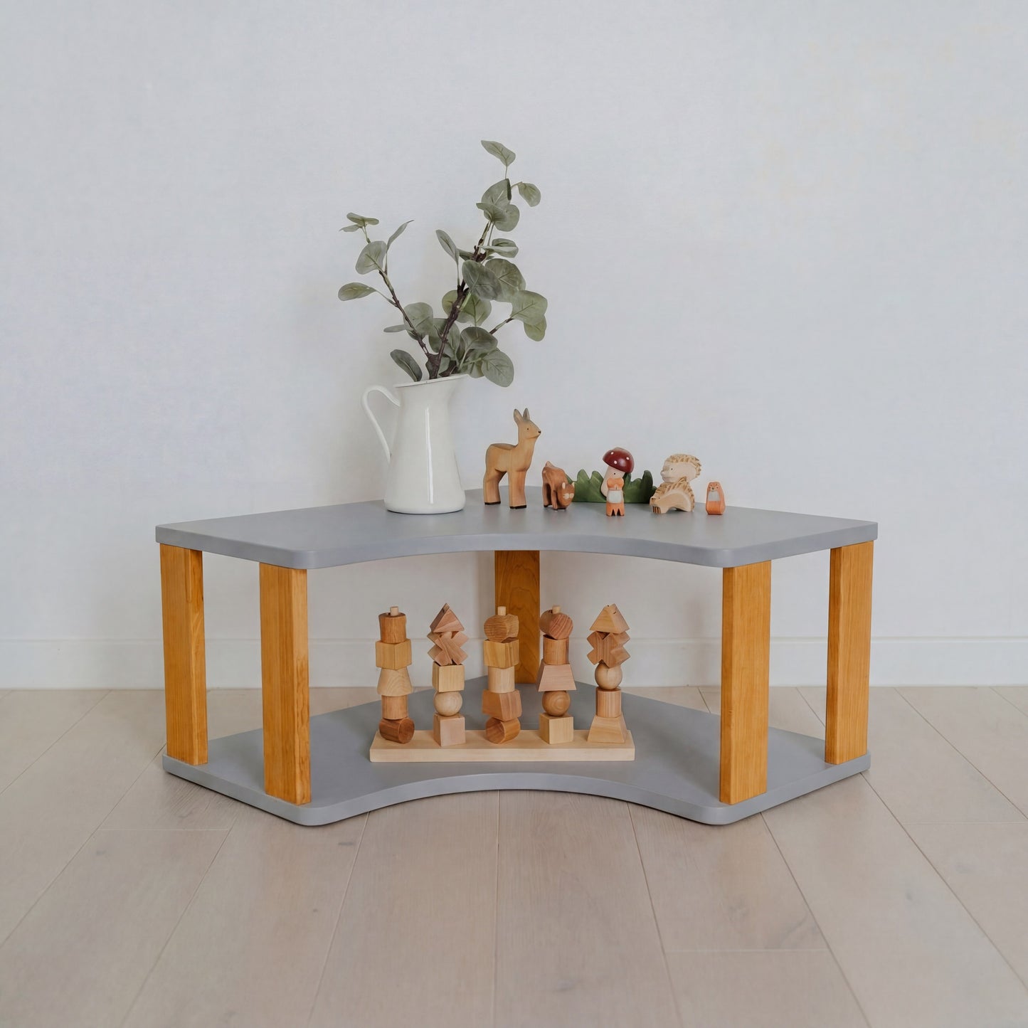 Modular Montessori Shelf Corner - 2 Shelves - Light grey/brownish Oil