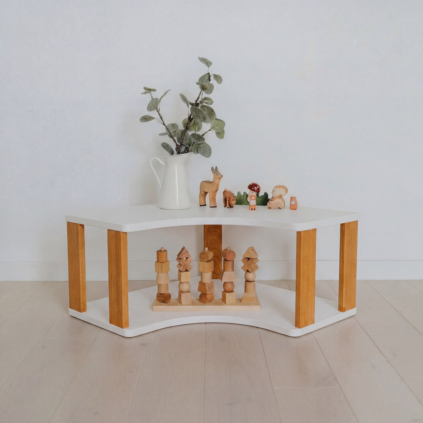 Modular Montessori Shelf Corner - 2 Shelves - White/brownish Oil