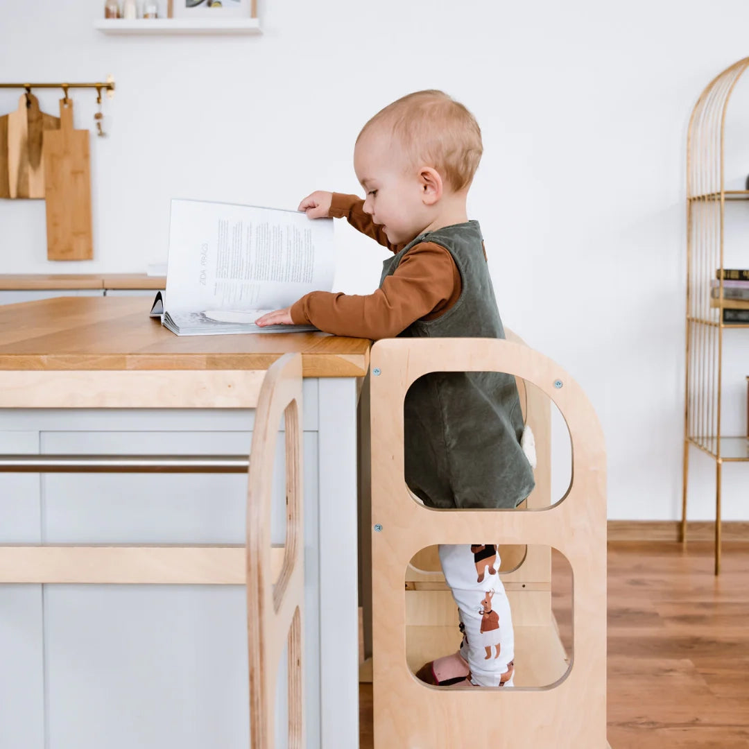 STEP UP Adjustable Height Helper Tower With Support Legs - Natural Wood