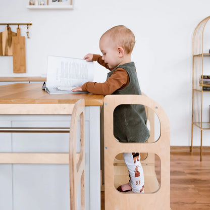 STEP UP Adjustable Height Helper Tower With Support Legs - Natural Wood