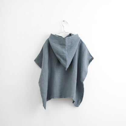 Linen Fine Waffle Poncho for Kids - Blue Fog