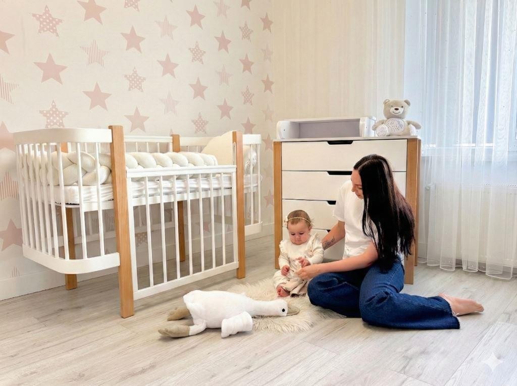 Baby Crib ELIN with Mattress - Natural/White