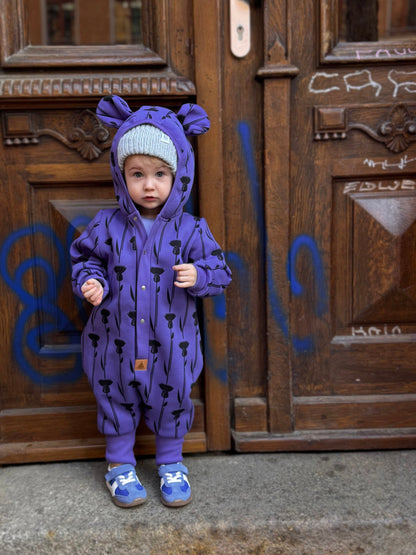 Baby Jumpsuit with Hood - Thistle on Purple