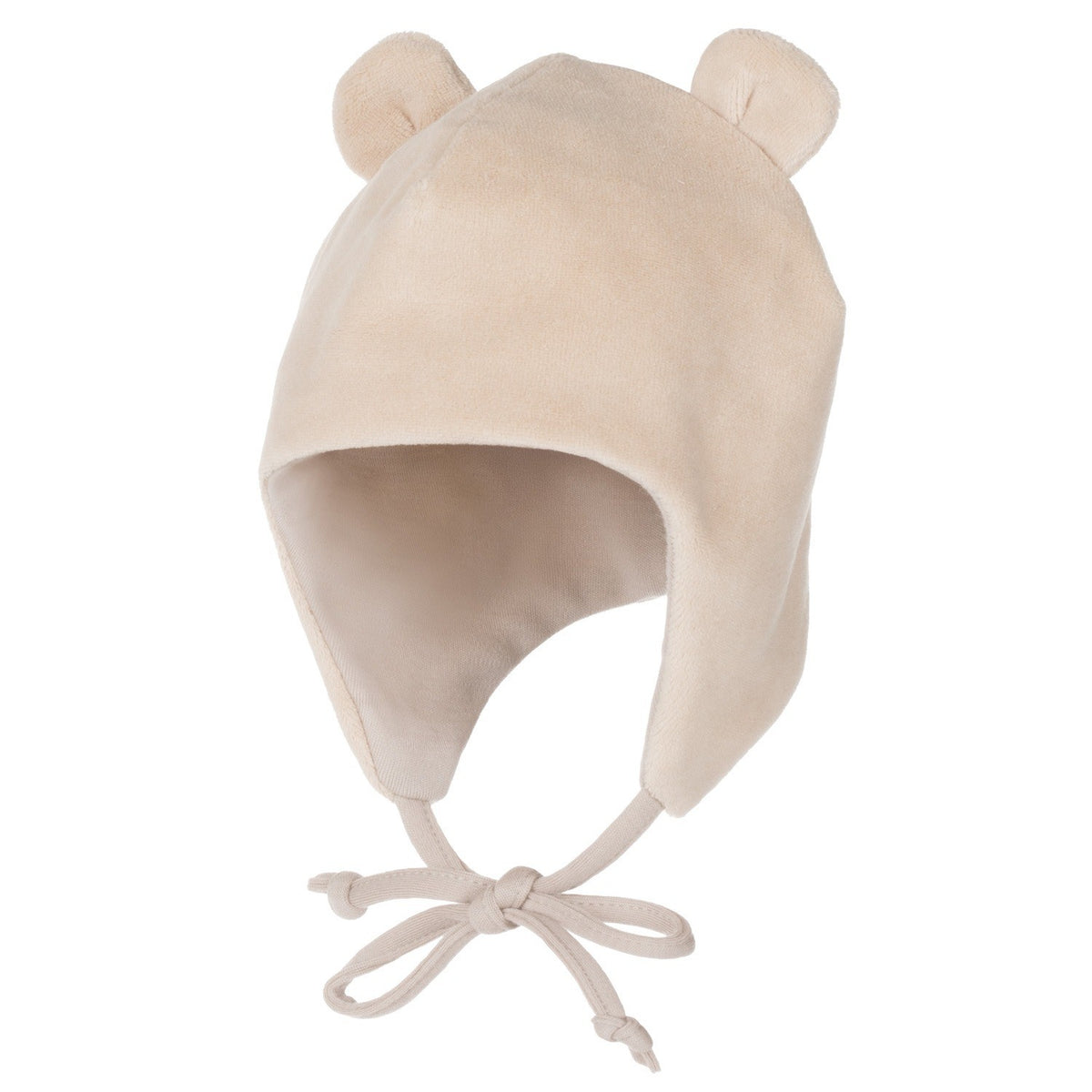 Beige Cotton Velvet Baby Hat with Merino Wool Lining