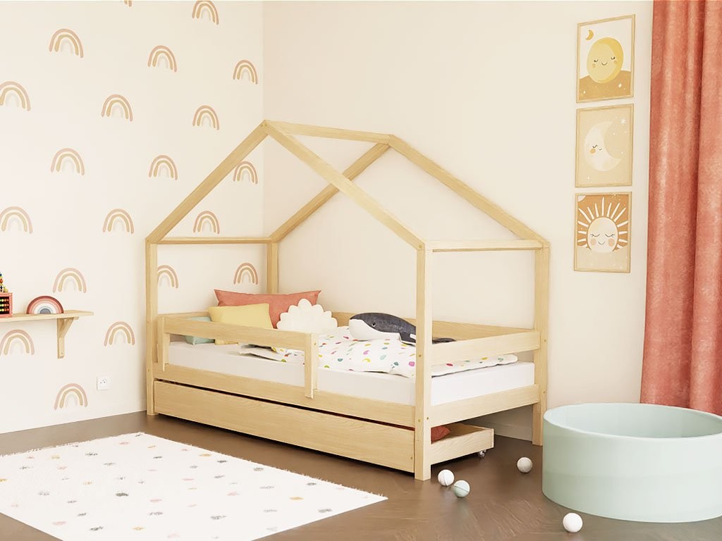 LUCKY House Bed with Front Roof and Safety Rail – 120–140 cm Wide