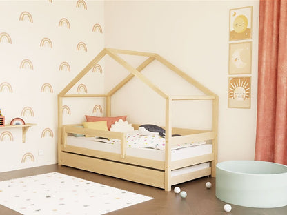 LUCKY House Bed with Front Roof and Safety Rail – 120–140 cm Wide