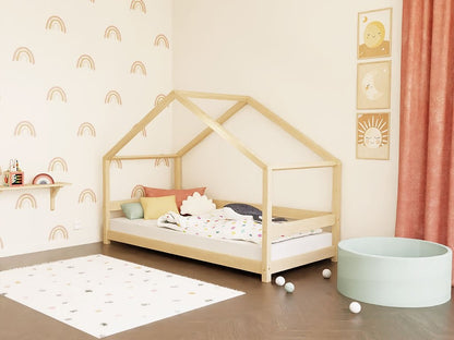 LUCKY House Bed with Front Roof and Safety Rail – 120–140 cm Wide