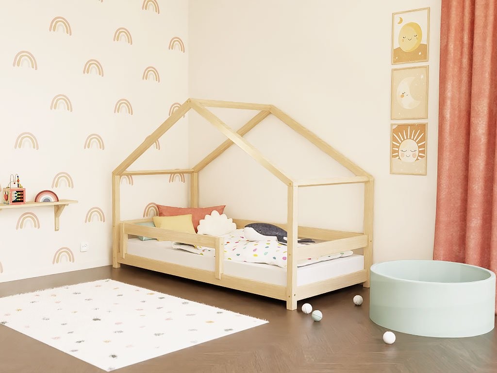 LUCKY House Bed with Front Roof and Safety Rail – 80–90 cm Wide
