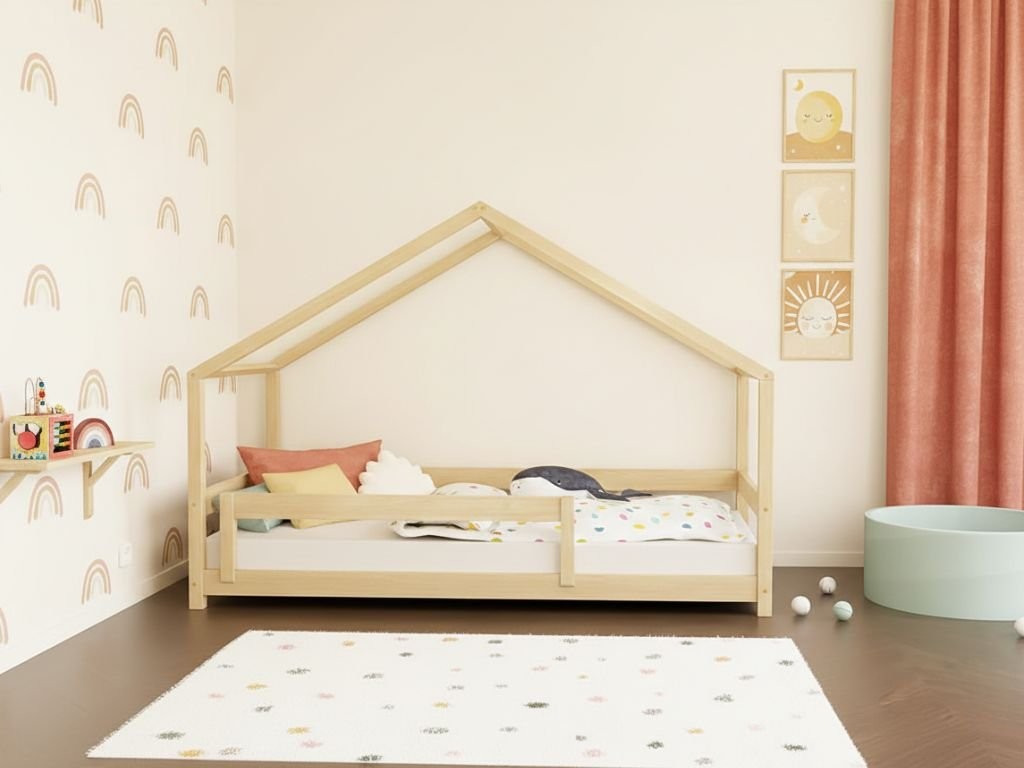 LUCKY House Bed with Front Roof and Safety Rail – 80–90 cm Wide
