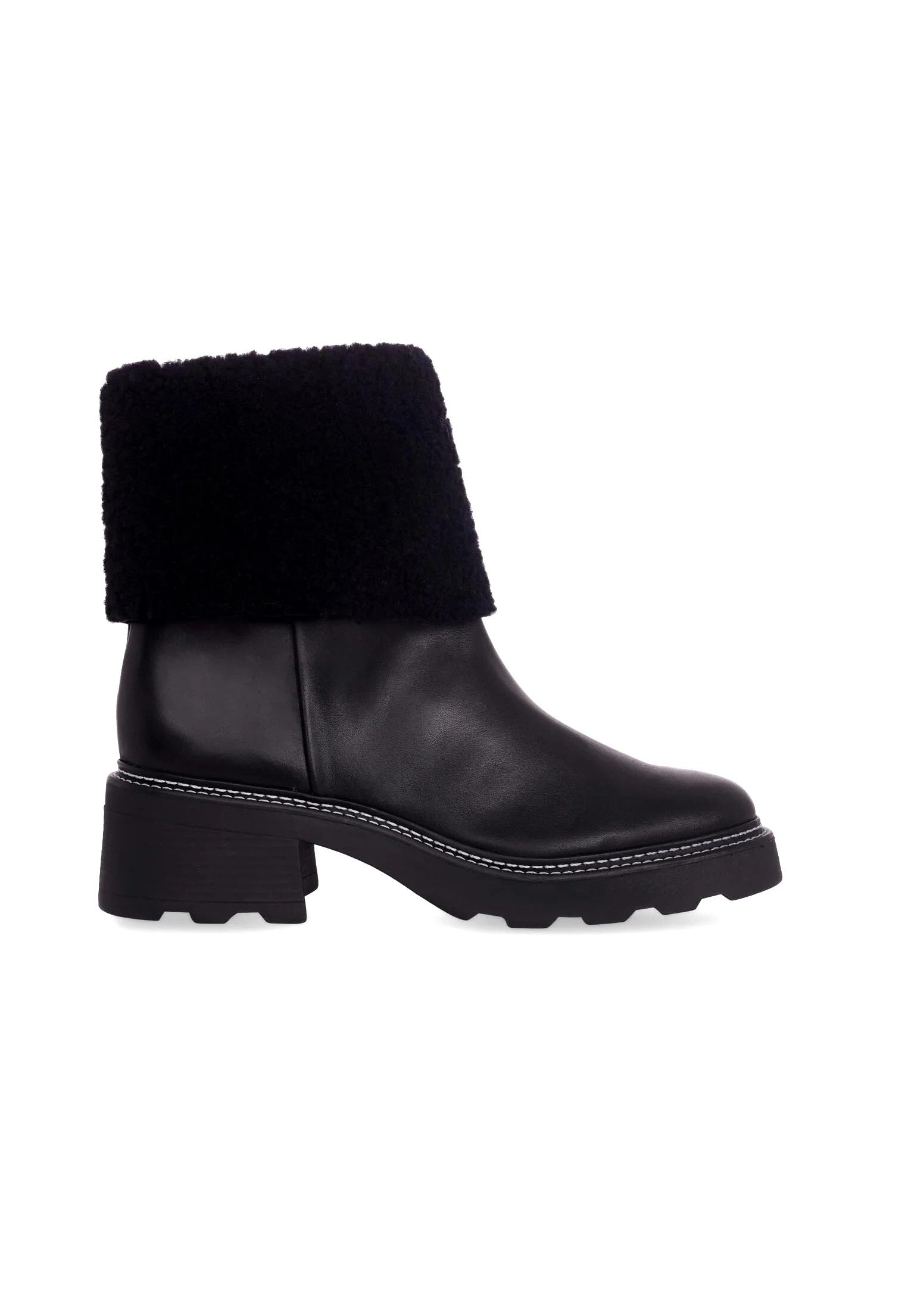 Black Leather Ankle Boots Andira – Women’s Block Heel Boots with Decorative Shearling and Lug Sole