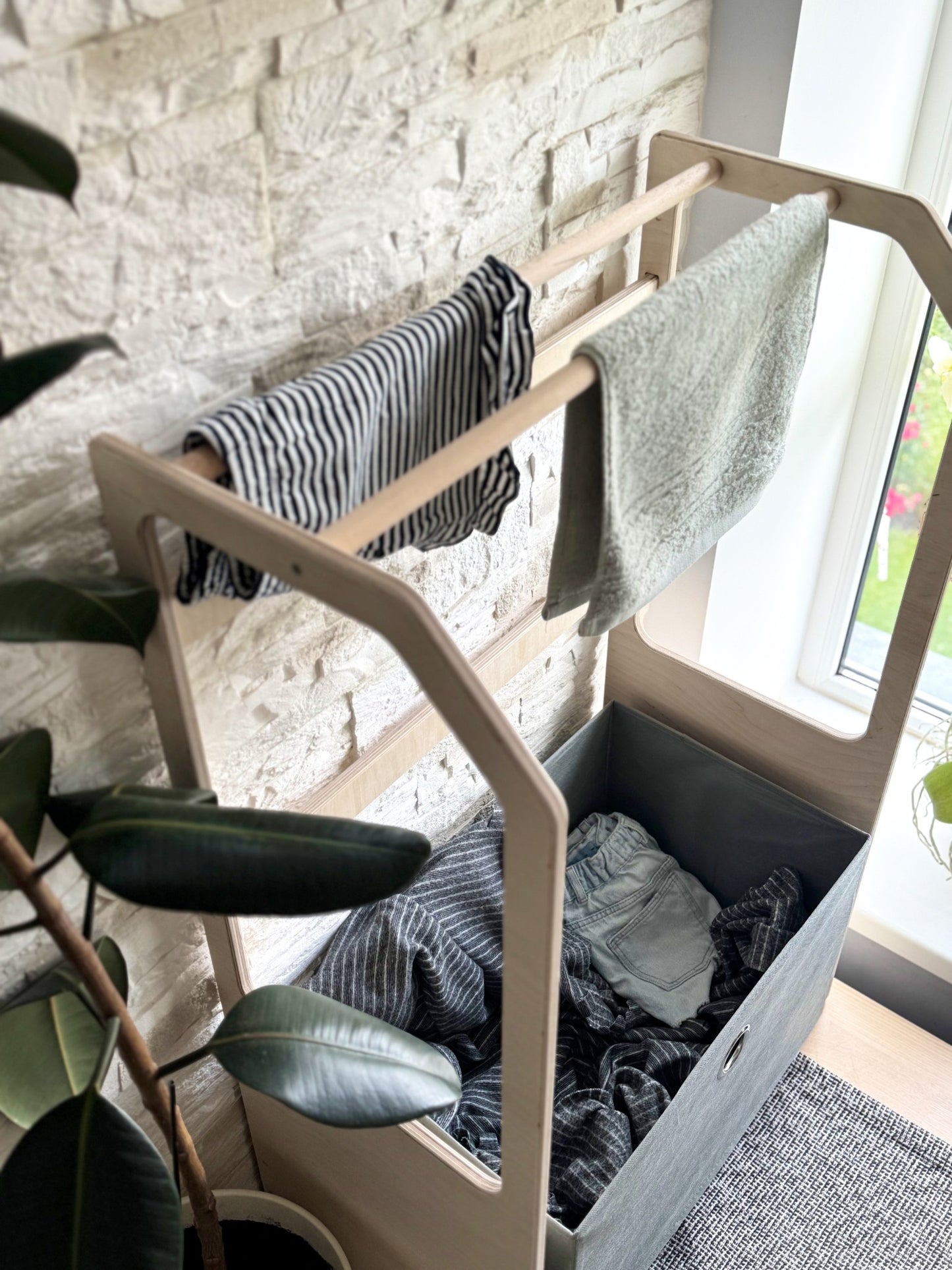 Montessori Wooden Clothes Drying Rack with Grey Storage