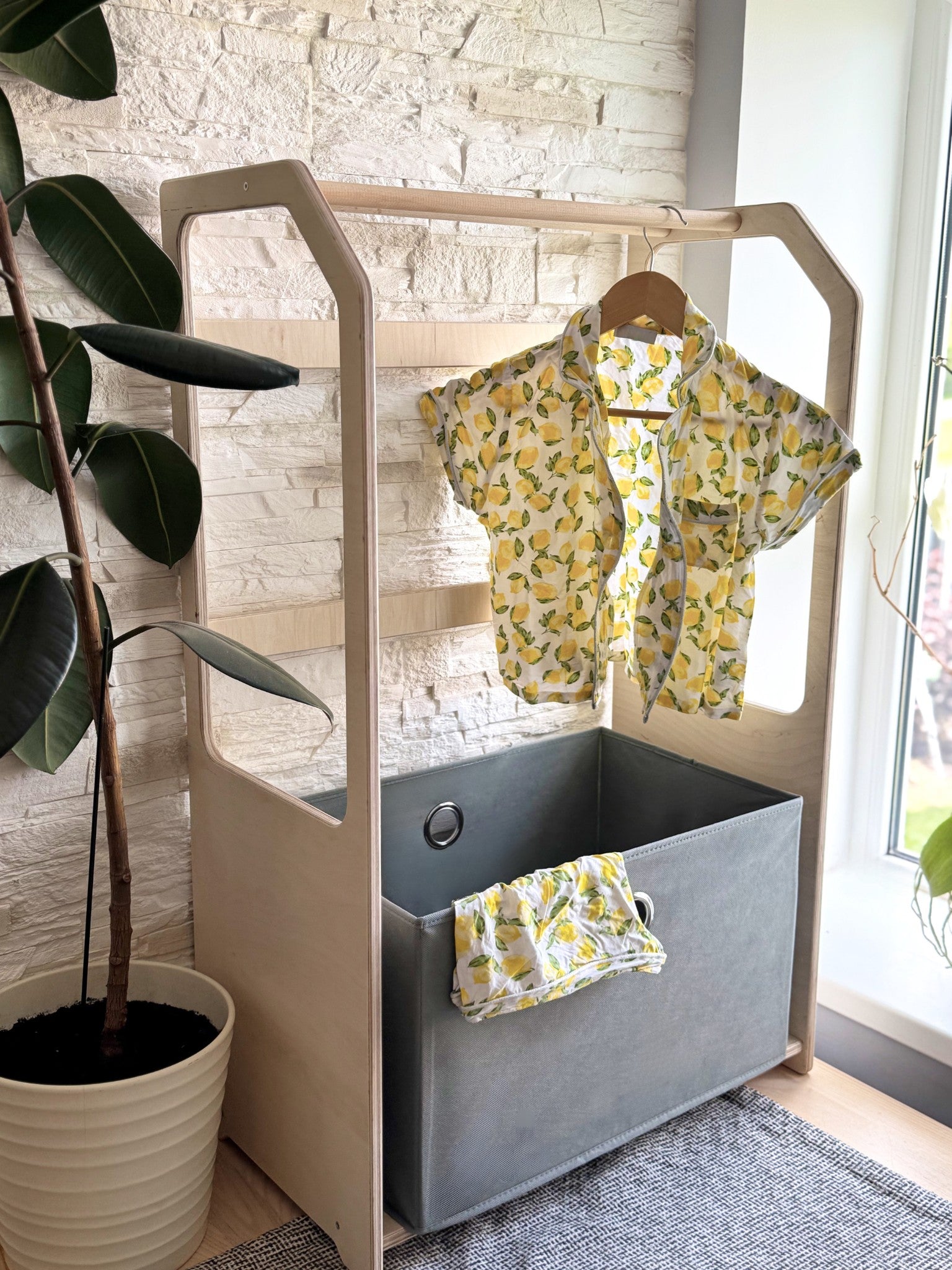 Montessori Wooden Clothes Drying Rack with Beige Storage