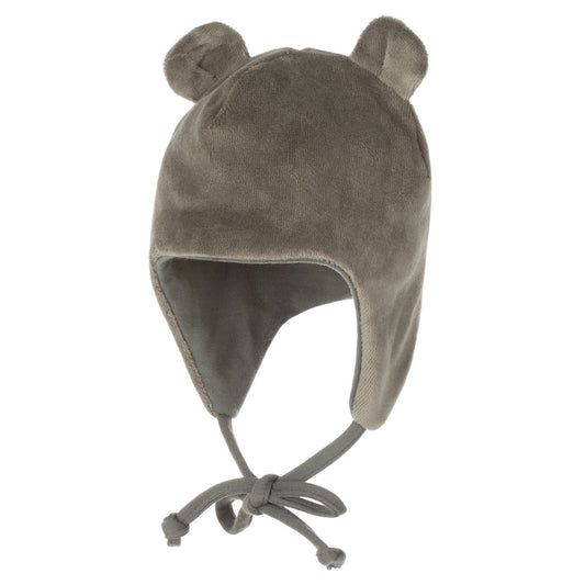 Khaki Green Cotton Velvet Baby Hat with Merino Wool Lining