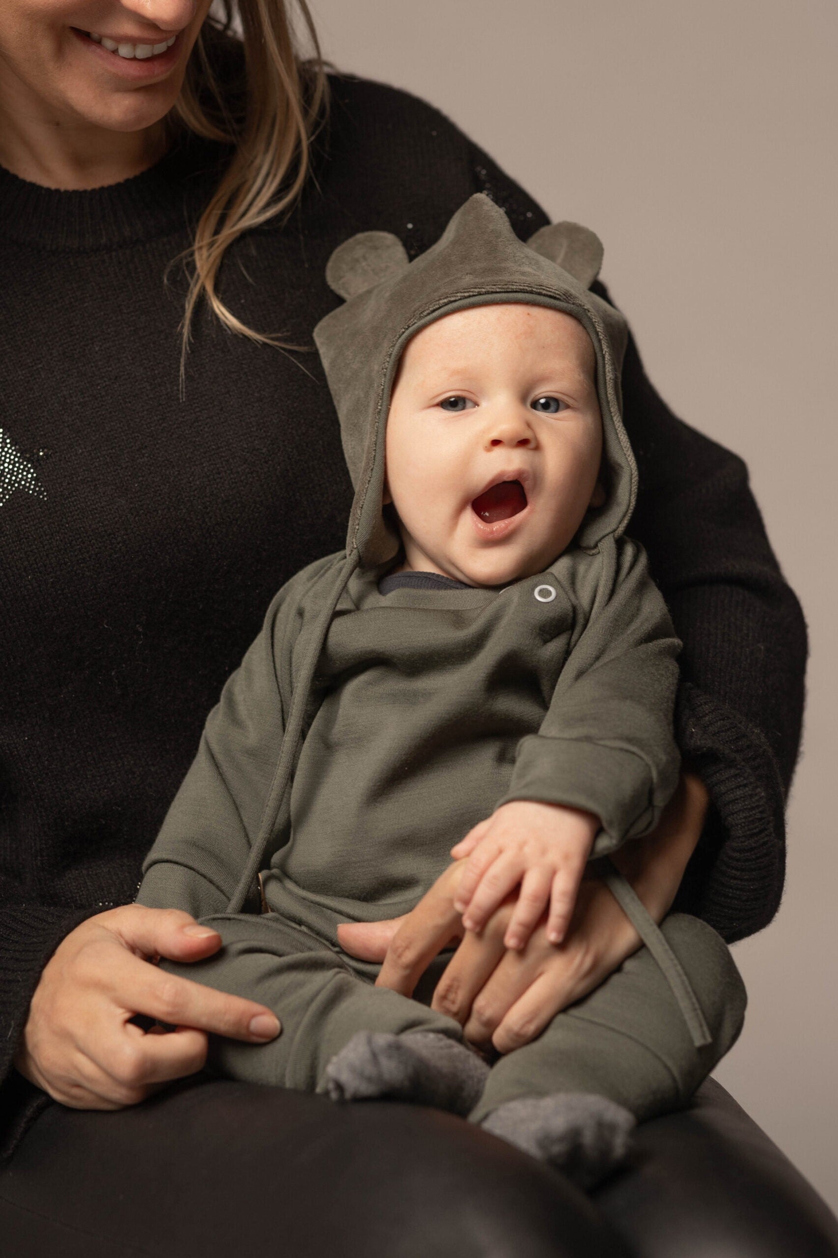 Khaki Green Cotton Velvet Baby Hat with Merino Wool Lining