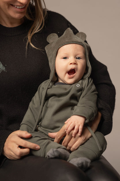 Khaki Green Cotton Velvet Baby Hat with Merino Wool Lining