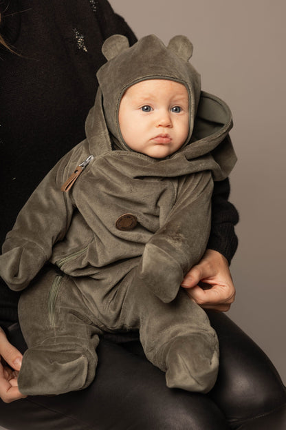 Khaki Green Velvet Baby Overall with Merino Wool Lining