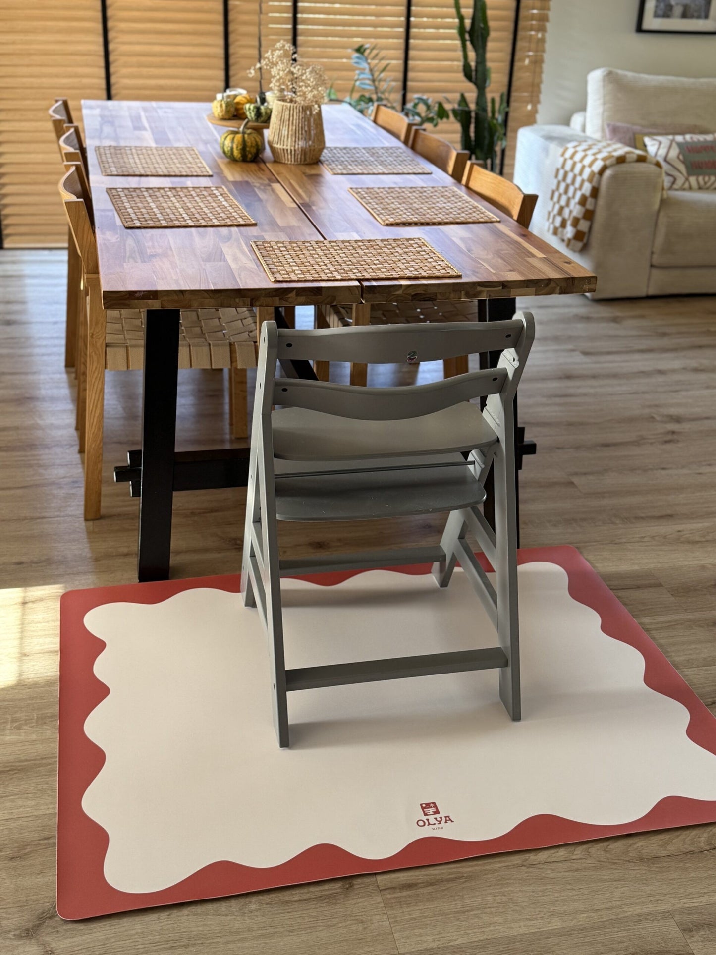 Kids Mealtime Floor Mat, Non-Slip & Waterproof - Red Frame