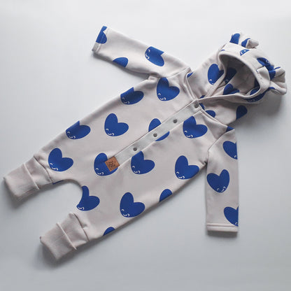 Eared Jumpsuit for Babies and Kids - Blue Hearts