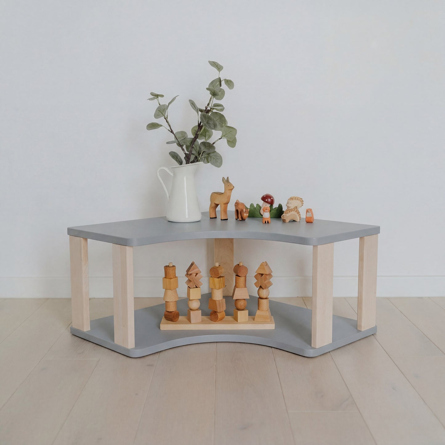 Modular Montessori Shelf Corner - 2 Shelves - Light grey/clear oil