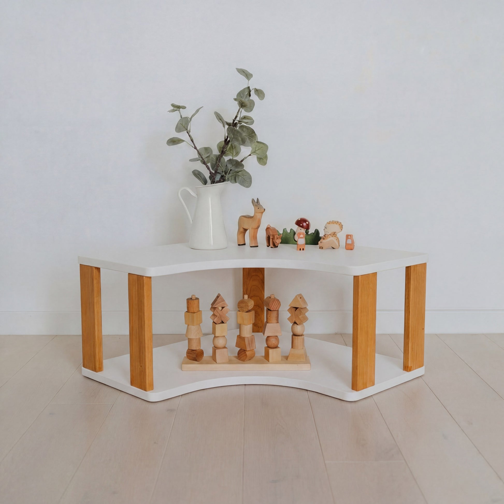 Modular Montessori Shelf Corner - 2 Shelves - White/brownish Oil